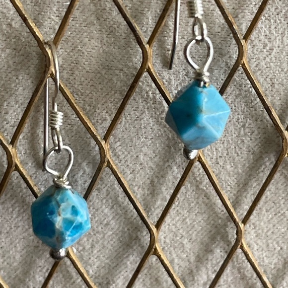 Hand Crafted Jewelry - Natural Blue Apatite Sterling Silver Wire Wrapped Dainty Drop Earrings –Handmade